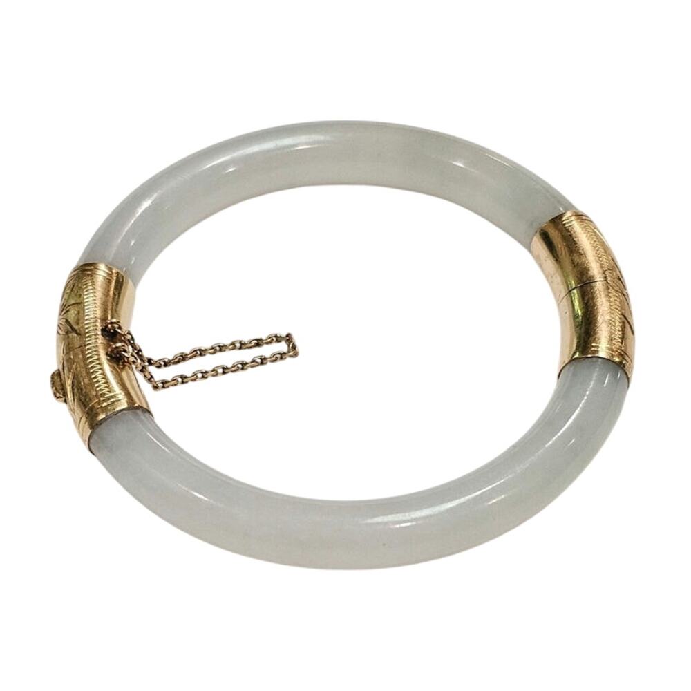 Vintage 14K Princess White Jadeite Jade Bangle - Type A